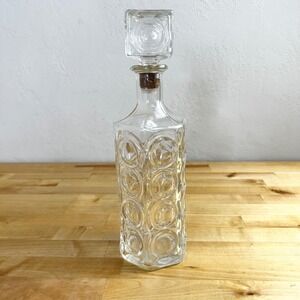 Vintage Decanter Glass Mid-Century Modern MCM Embossed Circles Square‎ Topper